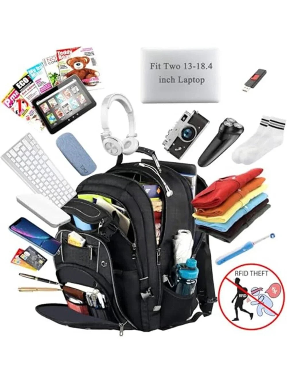 60L Extra Large Laptop Backpack TSA RFID Travel Gaming Fits 19 Inch Grey